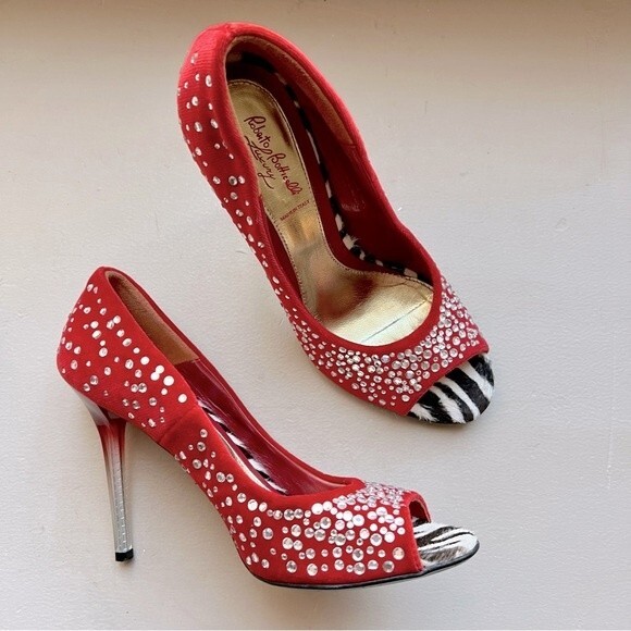 Roberto Botticelli Red Velvet & Rhinestone Heels Zebra Print EU 38 US 7.5 - 8 - Picture 1 of 15